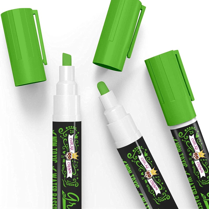 CHALKY CROWN قلم ماركر سائل تشالك كراون - قلم مسح جاف - أقلام تشالك لعلامات السبورة، النوافذ، السبورة السوداء، الزجاج - طرف قابل للعكس 6 مم (أخضر، 5 عبوات) - Image 3